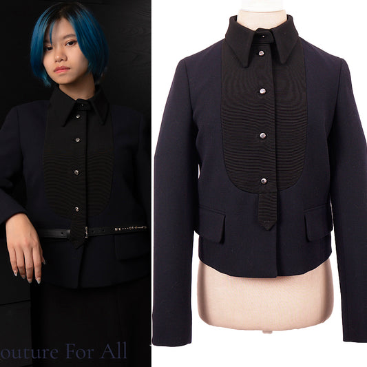 38 NEW $4,100 PRADA Navy BLACK BIB Accent Virgin Wool Point Collar SUIT JACKET