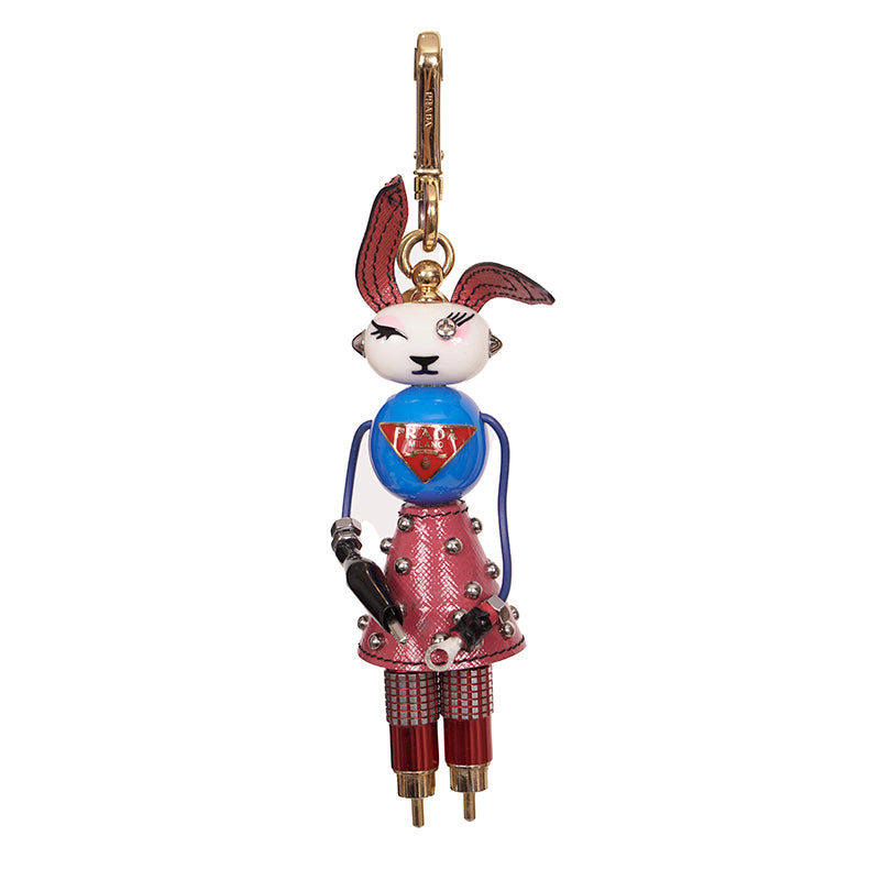 NEW $725 PRADA Saffiano Leather Metal Annie BUNNY RABBIT ROBOT Key Ring BAG FOB