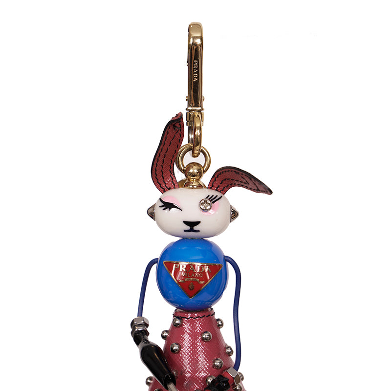NEW $725 PRADA Saffiano Leather Metal Annie BUNNY RABBIT ROBOT Key Ring BAG FOB