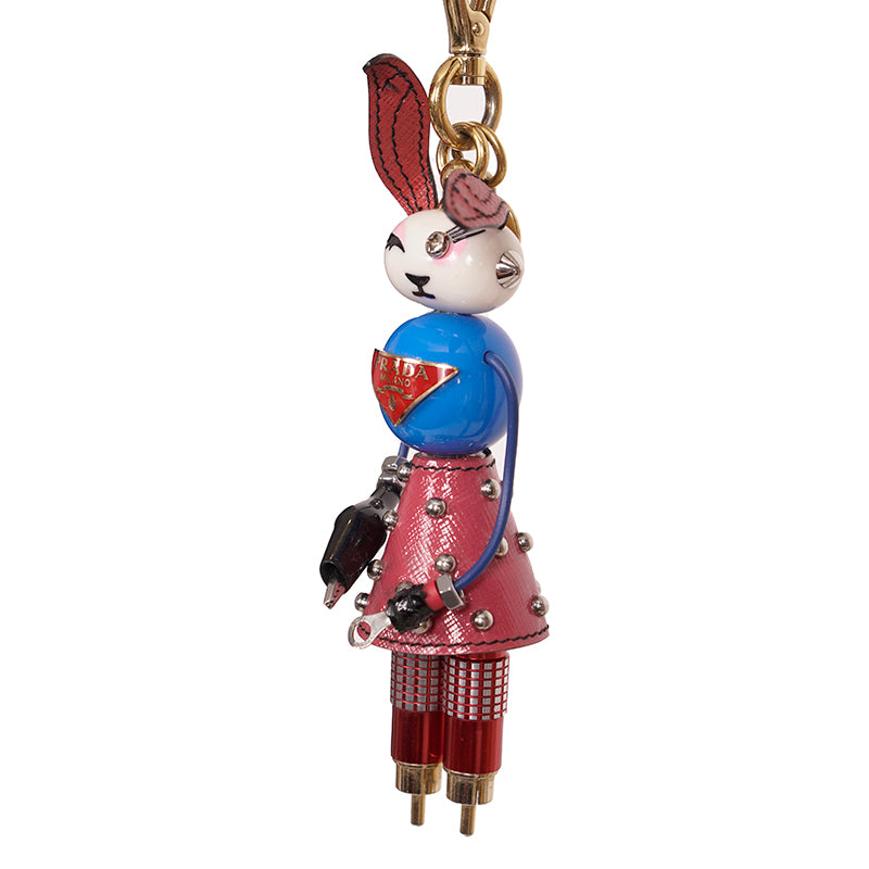 NEW $725 PRADA Saffiano Leather Metal Annie BUNNY RABBIT ROBOT Key Ring BAG FOB