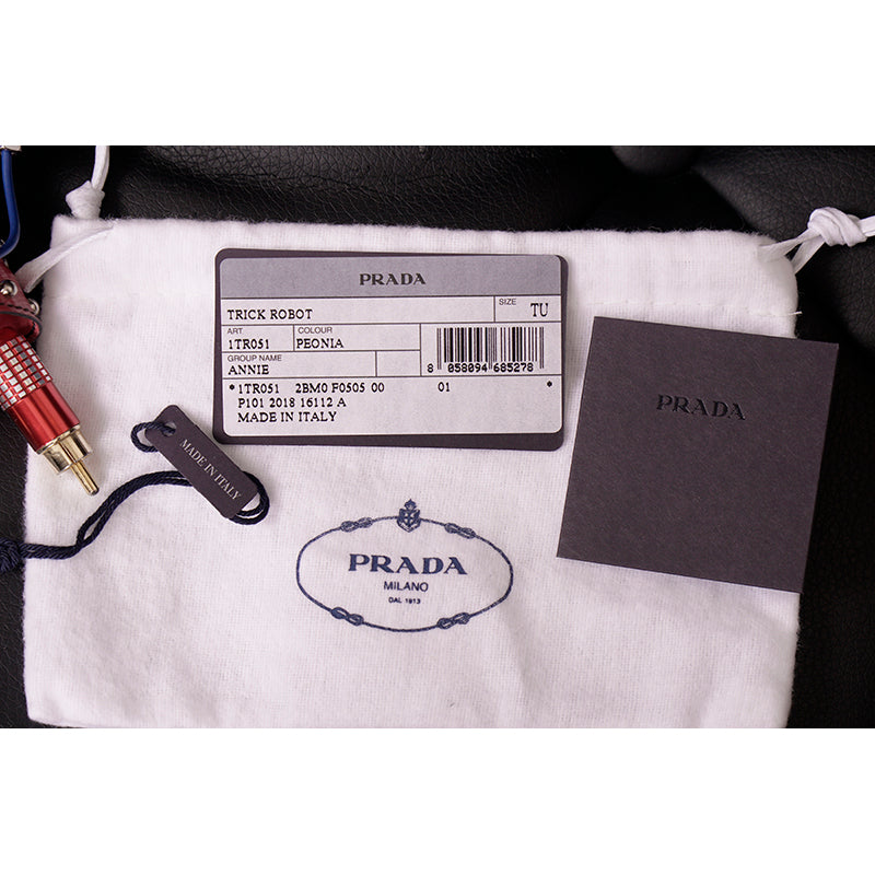 NEW $725 PRADA Saffiano Leather Metal Annie BUNNY RABBIT ROBOT Key Ring BAG FOB