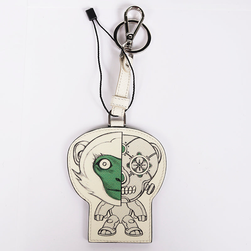 NEW $375 PRADA White ROBOT MONKEY Saffiano Leather METAL KEYRING Trick BAG CHARM
