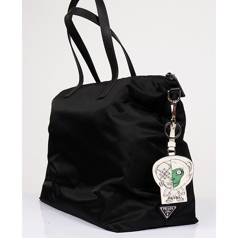 NEW $375 PRADA White ROBOT MONKEY Saffiano Leather METAL KEYRING Trick BAG CHARM