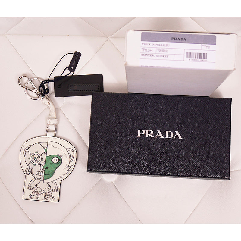 NEW $375 PRADA White ROBOT MONKEY Saffiano Leather METAL KEYRING Trick BAG CHARM