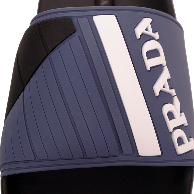 UK 9 US 10 NEW $495 PRADA Men Blue White Stripe Logo Rubber SPORTY SLIDE SANDALS