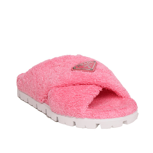 sz 36.5 NEW $825 PRADA Women's Pink TERRY CLOTH Sporty TRIANGLE Logo SANDALS