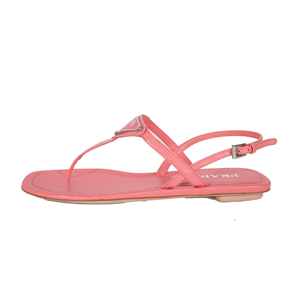 sz 37 NEW $960 PRADA Petal Pink Patent Leather LARGE LOGO Slingback SANDALS NIB