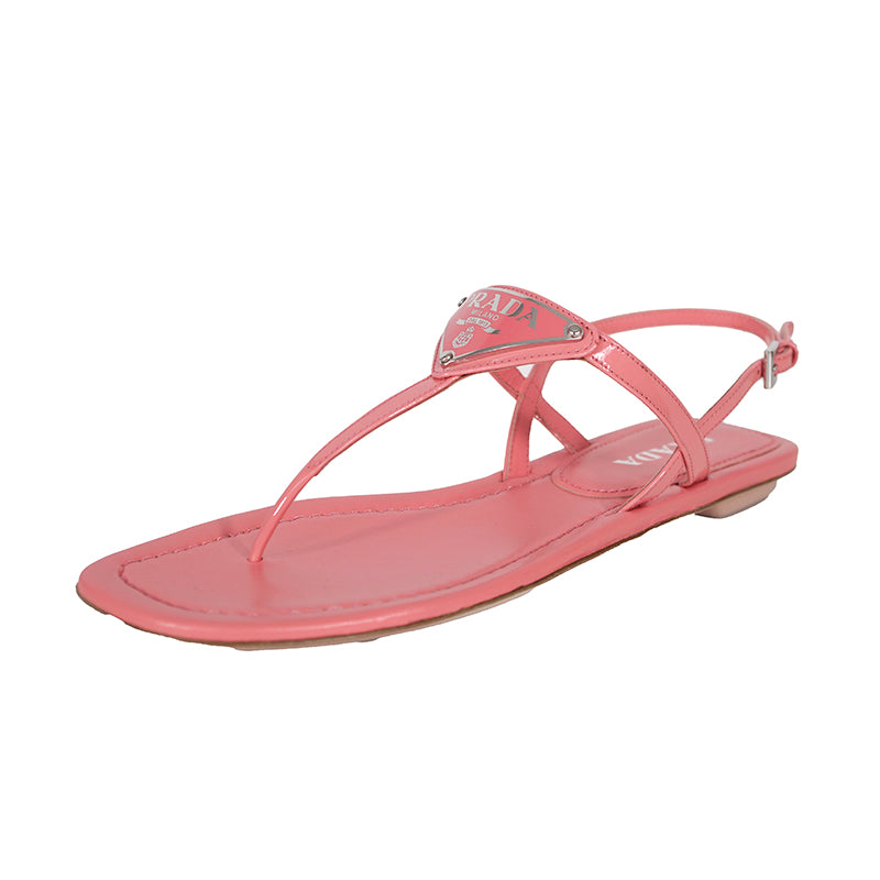 sz 37 NEW $960 PRADA Petal Pink Patent Leather LARGE LOGO Slingback SANDALS NIB