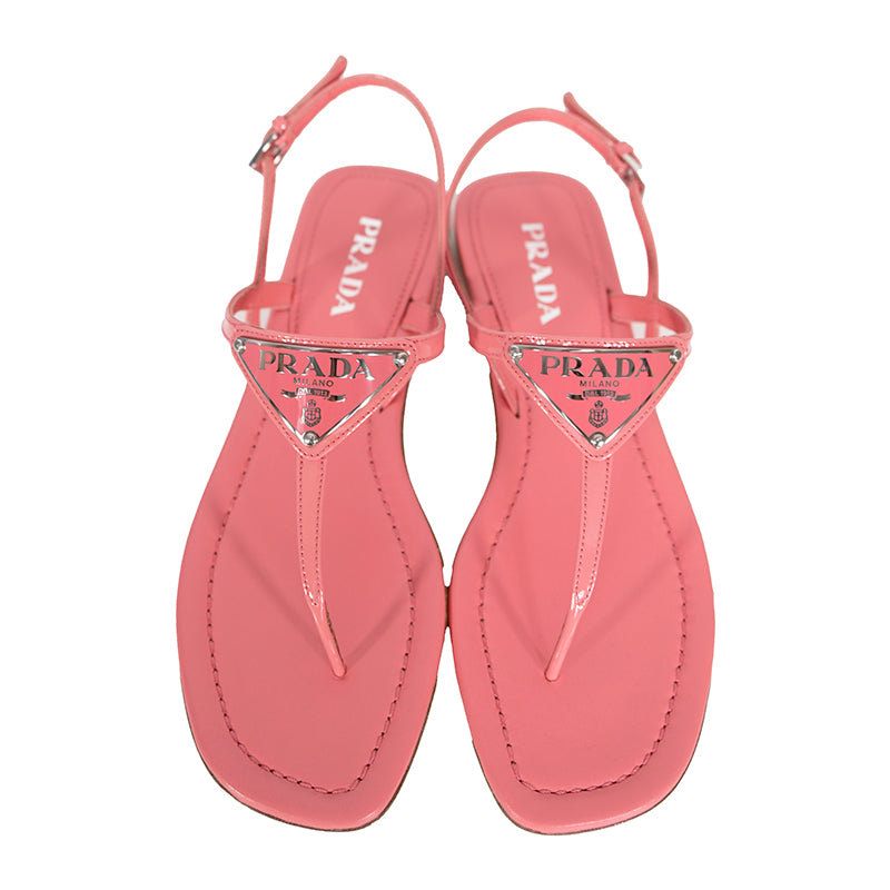 sz 37 NEW $960 PRADA Petal Pink Patent Leather LARGE LOGO Slingback SANDALS NIB