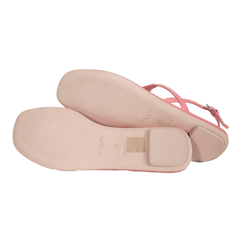 sz 37 NEW $960 PRADA Petal Pink Patent Leather LARGE LOGO Slingback SANDALS NIB