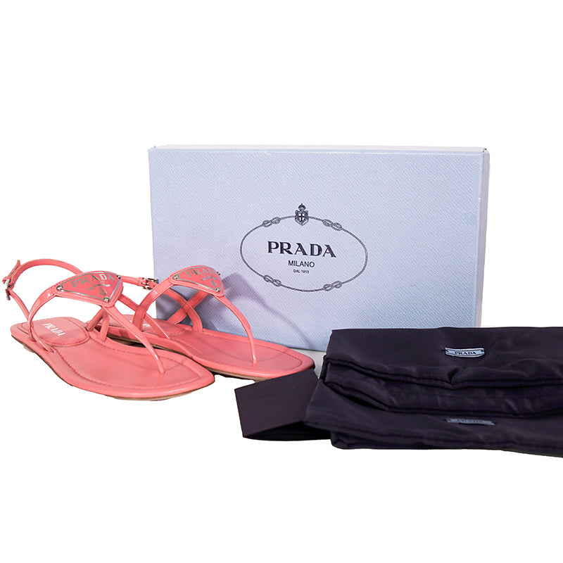 sz 37 NEW $960 PRADA Petal Pink Patent Leather LARGE LOGO Slingback SANDALS NIB
