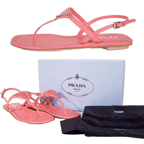 sz 37 NEW $960 PRADA Petal Pink Patent Leather LARGE LOGO Slingback SANDALS NIB