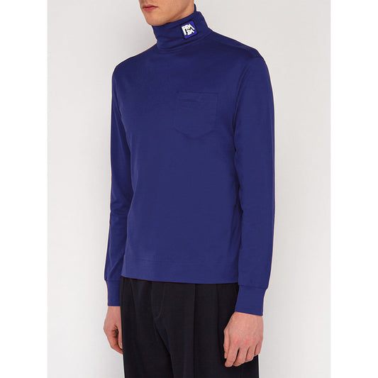 sz L NEW $1080 PRADA Men's Cina Blue Cotton RUBBER LOGO Fold Over TURTLENECK TOP