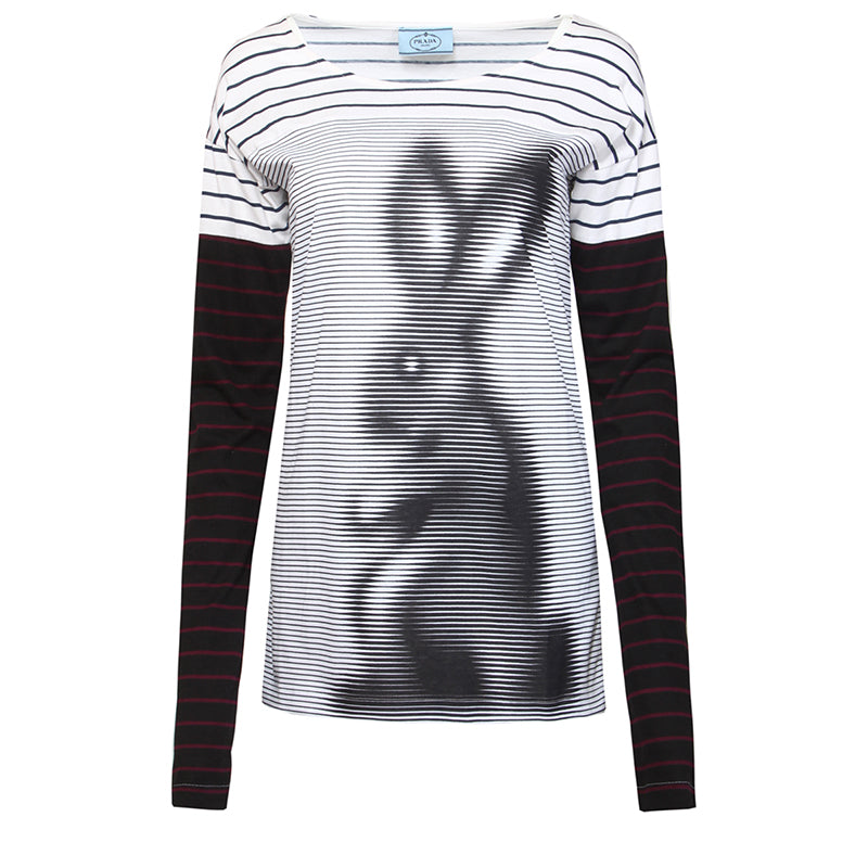 M NEW $1020 PRADA Runway Woman's White Graphic RABBIT Print Long Sleeve T-SHIRT