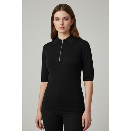 40 NEW $1,880 PRADA Woman's Black CASHMERE & SILK Fine Knit LOGO ZIP POLO TOP