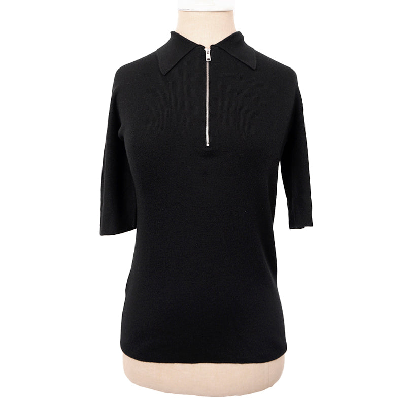 40 NEW $1,880 PRADA Woman's Black CASHMERE & SILK Fine Knit LOGO ZIP POLO TOP