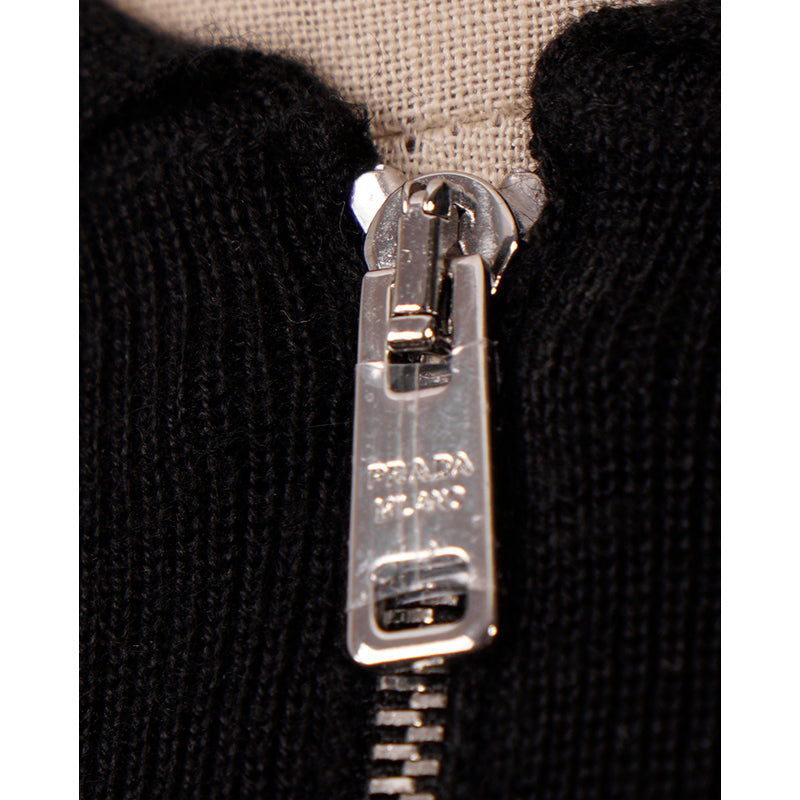 40 NEW $1,880 PRADA Woman's Black CASHMERE & SILK Fine Knit LOGO ZIP POLO TOP