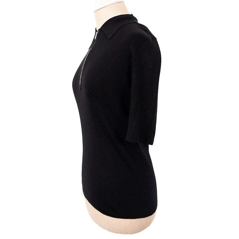 40 NEW $1,880 PRADA Woman's Black CASHMERE & SILK Fine Knit LOGO ZIP POLO TOP
