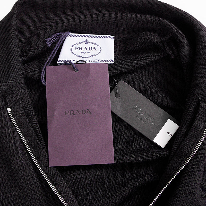 40 NEW $1,880 PRADA Woman's Black CASHMERE & SILK Fine Knit LOGO ZIP POLO TOP
