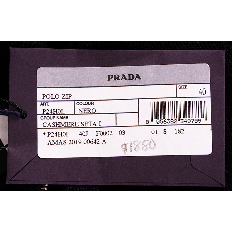 40 NEW $1,880 PRADA Woman's Black CASHMERE & SILK Fine Knit LOGO ZIP POLO TOP