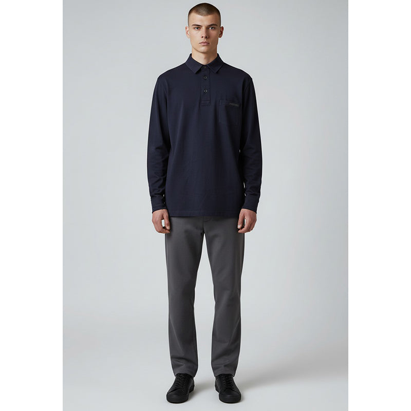 M NEW $1280 PRADA Men's Navy Blue Cotton LOGO POCKET Long Sleeve POLO SHIRT TOP