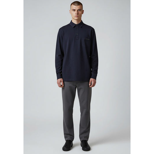 M NEW $1280 PRADA Men's Navy Blue Cotton LOGO POCKET Long Sleeve POLO SHIRT TOP