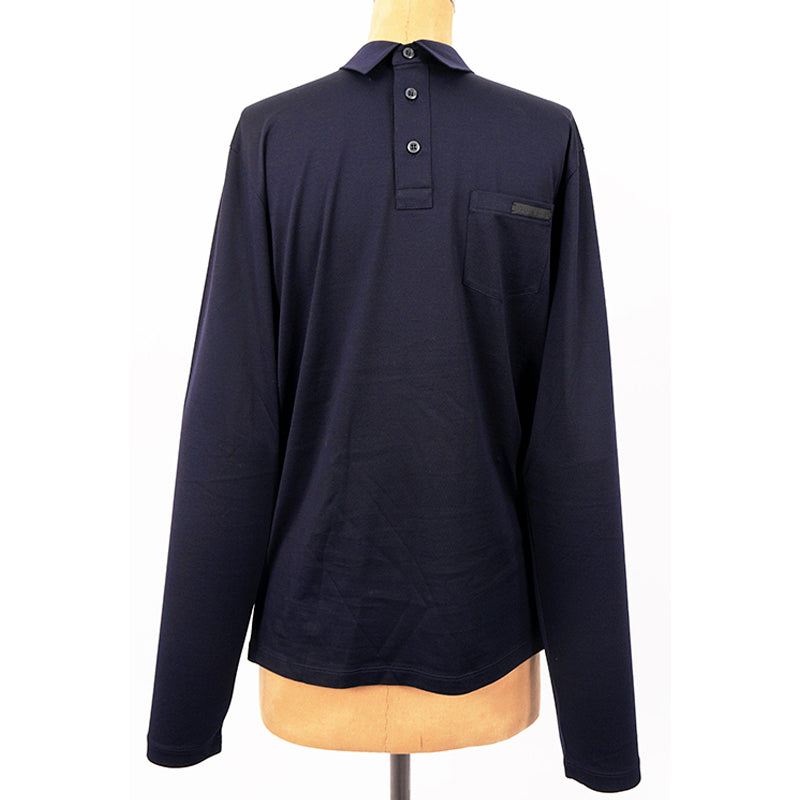 M NEW $1280 PRADA Men's Navy Blue Cotton LOGO POCKET Long Sleeve POLO SHIRT TOP