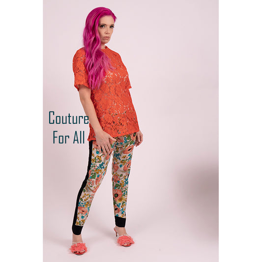38 NEW $1,290 PRADA Orange SHEER FLORAL LACE Short Sleeve Blouse & SILK CAMI SET