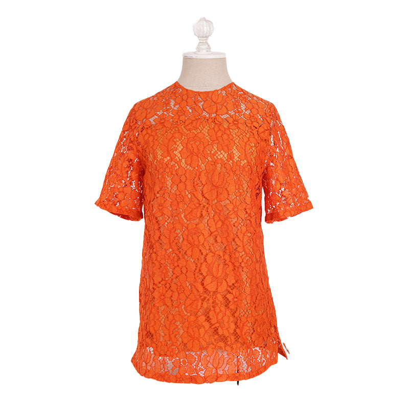 38 NEW $1,290 PRADA Orange SHEER FLORAL LACE Short Sleeve Blouse & SILK CAMI SET