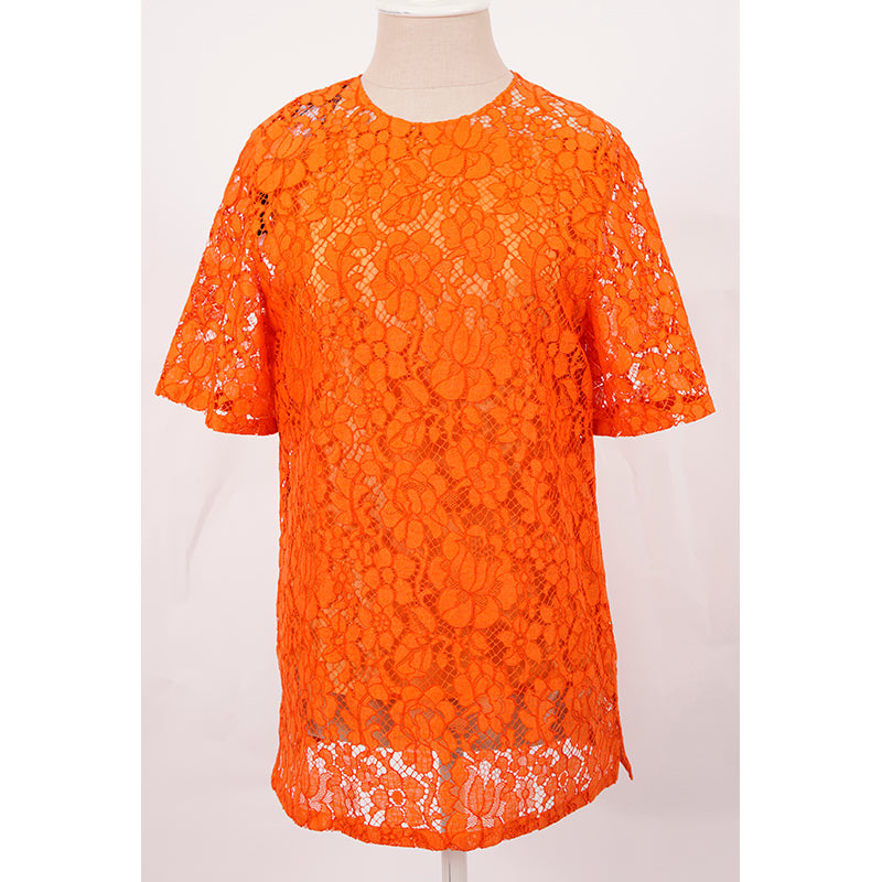 38 NEW $1,290 PRADA Orange SHEER FLORAL LACE Short Sleeve Blouse & SILK CAMI SET