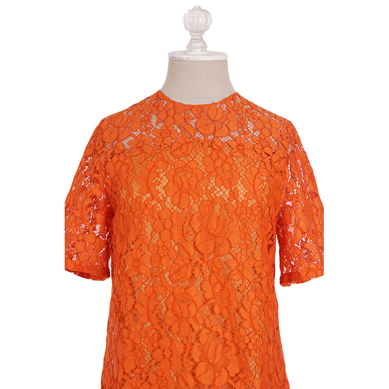 38 NEW $1,290 PRADA Orange SHEER FLORAL LACE Short Sleeve Blouse & SILK CAMI SET