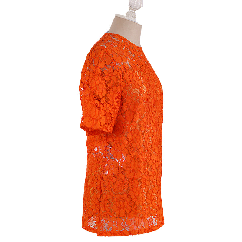 38 NEW $1,290 PRADA Orange SHEER FLORAL LACE Short Sleeve Blouse & SILK CAMI SET