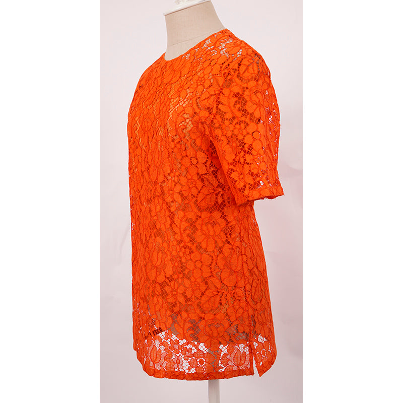 38 NEW $1,290 PRADA Orange SHEER FLORAL LACE Short Sleeve Blouse & SILK CAMI SET