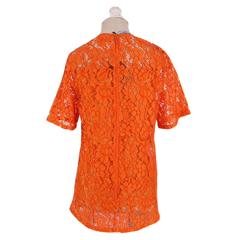 38 NEW $1,290 PRADA Orange SHEER FLORAL LACE Short Sleeve Blouse & SILK CAMI SET