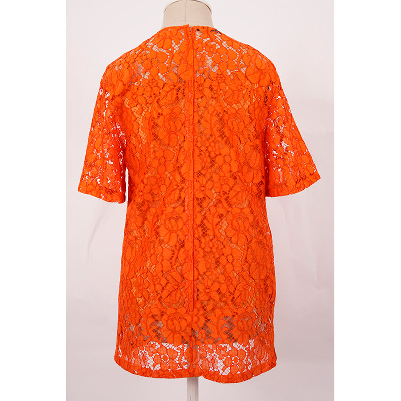 38 NEW $1,290 PRADA Orange SHEER FLORAL LACE Short Sleeve Blouse & SILK CAMI SET