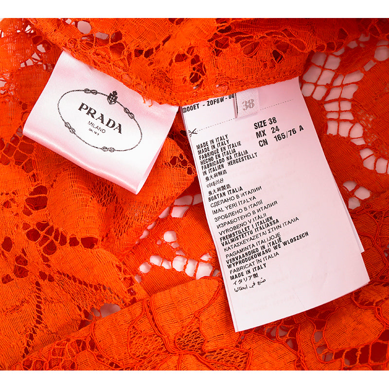 38 NEW $1,290 PRADA Orange SHEER FLORAL LACE Short Sleeve Blouse & SILK CAMI SET