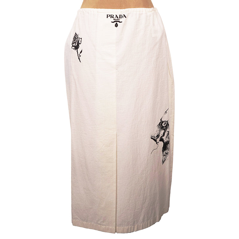 sz 44 NEW $1850 PRADA Ecru Cotton Chambray NAUTICAL MERMAID OCTOPUS SKULL Skirt