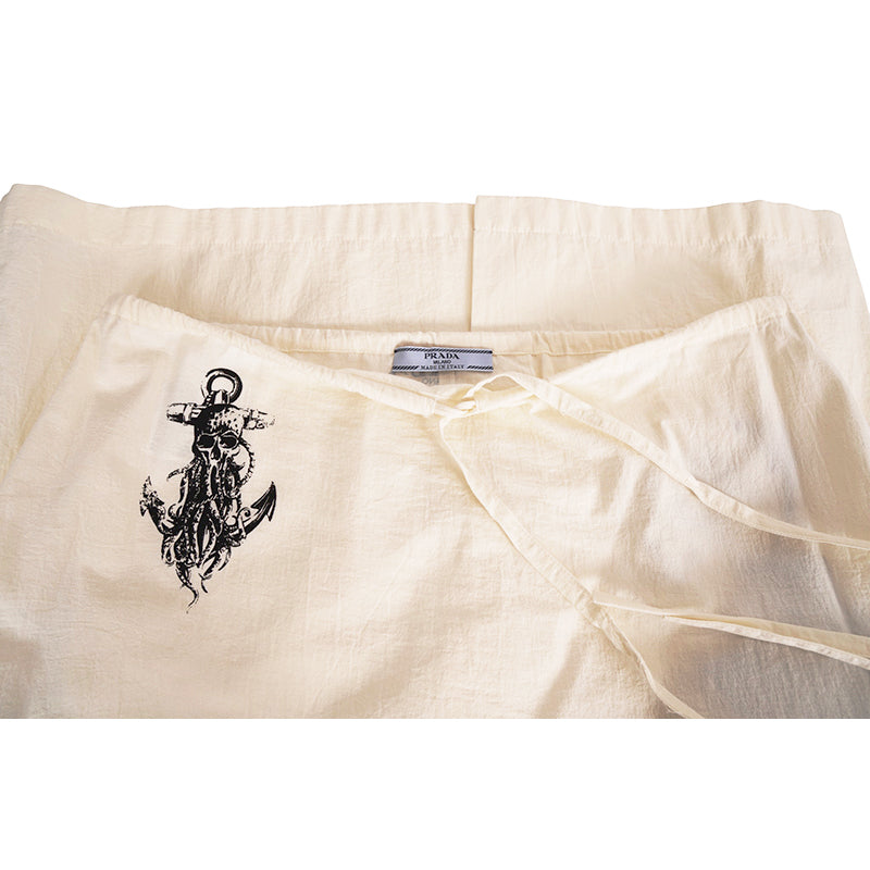 sz 44 NEW $1850 PRADA Ecru Cotton Chambray NAUTICAL MERMAID OCTOPUS SKULL Skirt