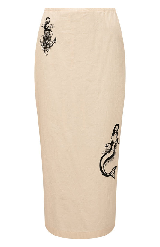 sz 44 NEW $1850 PRADA Ecru Cotton Chambray NAUTICAL MERMAID OCTOPUS SKULL Skirt