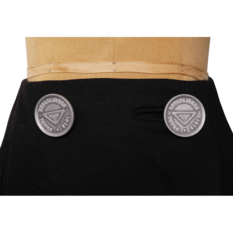 38 NEW $3,160 PRADA Black Wool LARGE METAL LOGO BUTTONS Wrap Midi PENCIL SKIRT
