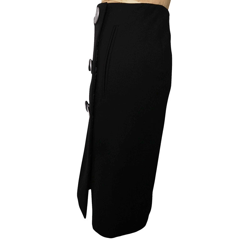 38 NEW $3,160 PRADA Black Wool LARGE METAL LOGO BUTTONS Wrap Midi PENCIL SKIRT