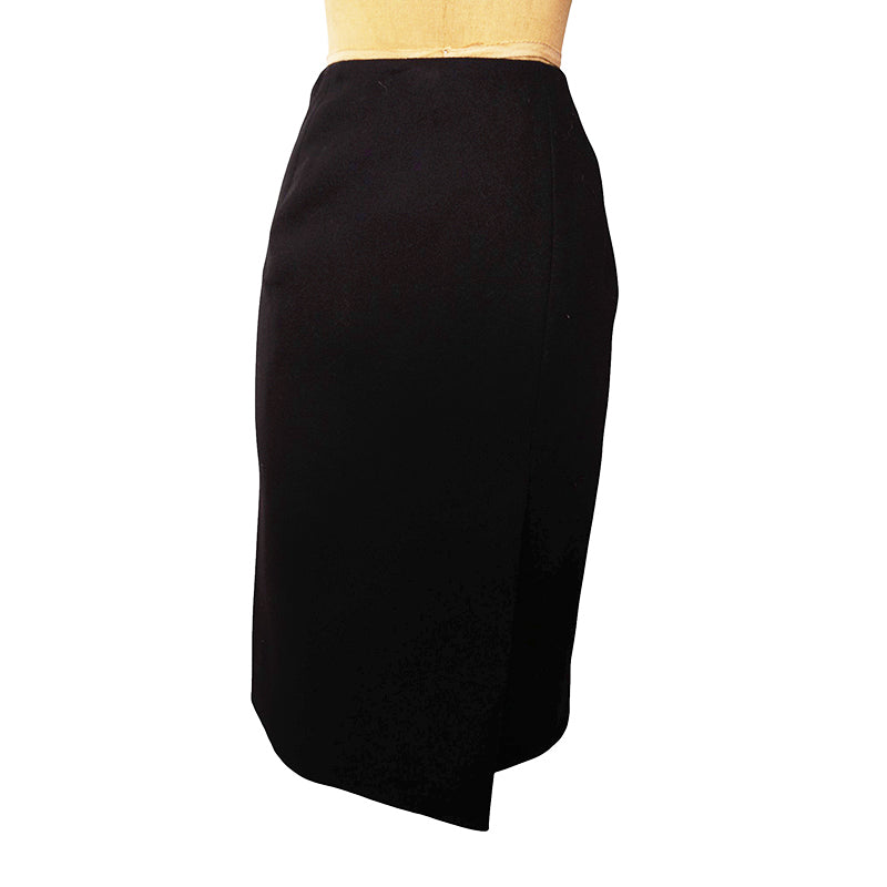 38 NEW $3,160 PRADA Black Wool LARGE METAL LOGO BUTTONS Wrap Midi PENCIL SKIRT