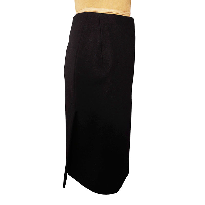 38 NEW $3,160 PRADA Black Wool LARGE METAL LOGO BUTTONS Wrap Midi PENCIL SKIRT