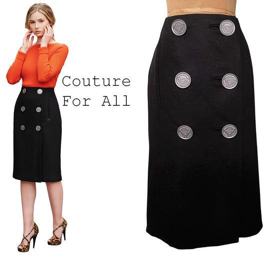 38 NEW $3,160 PRADA Black Wool LARGE METAL LOGO BUTTONS Wrap Midi PENCIL SKIRT