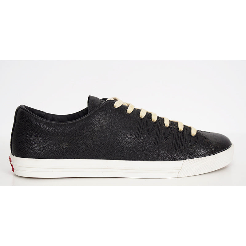 US 10.5/11/11.5/12.5/13/14 NEW $1170 PRADA Men's Black AGED-EFFECT LEATHER Red LOGO SNEAKERS