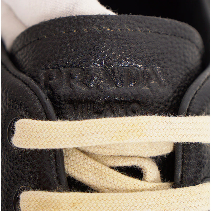 US 10.5/11/11.5/12.5/13/14 NEW $1170 PRADA Men's Black AGED-EFFECT LEATHER Red LOGO SNEAKERS