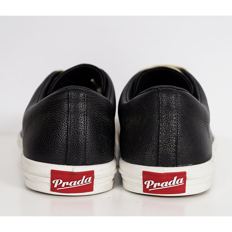 US 10.5/11/11.5/12.5/13/14 NEW $1170 PRADA Men's Black AGED-EFFECT LEATHER Red LOGO SNEAKERS