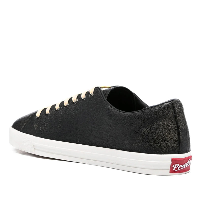 US 10.5/11/11.5/12.5/13/14 NEW $1170 PRADA Men's Black AGED-EFFECT LEATHER Red LOGO SNEAKERS