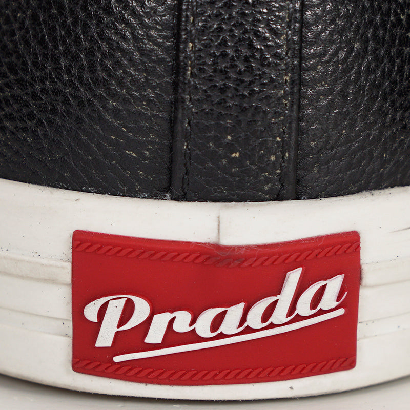 US 10.5/11/11.5/12.5/13/14 NEW $1170 PRADA Men's Black AGED-EFFECT LEATHER Red LOGO SNEAKERS