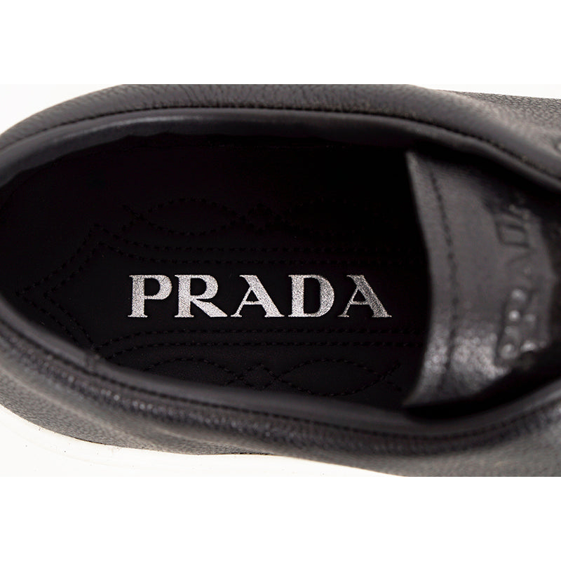 US 10.5/11/11.5/12.5/13/14 NEW $1170 PRADA Men's Black AGED-EFFECT LEATHER Red LOGO SNEAKERS